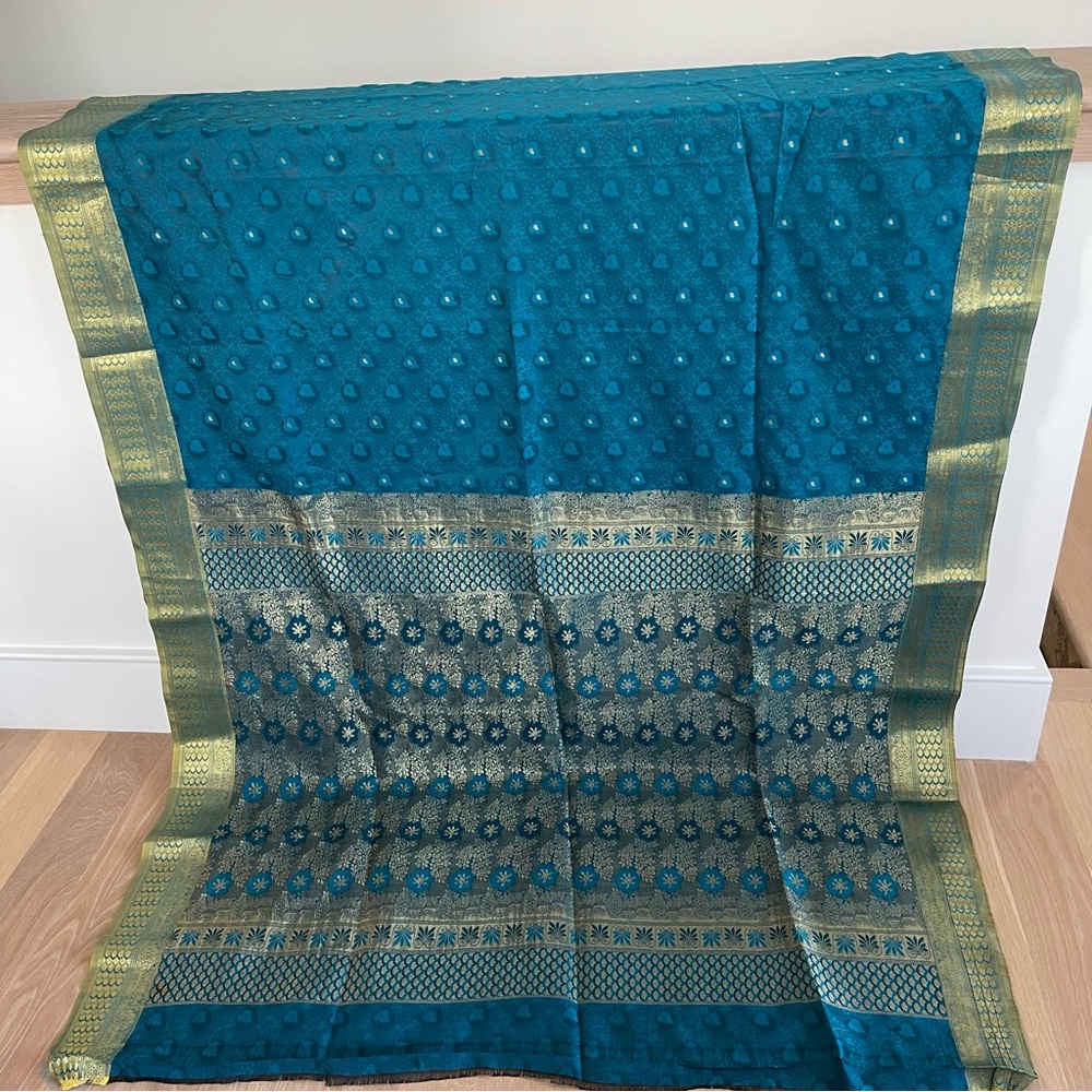 NEW Teal and Metallic Gold Silk Indian Saree Fabric 45” wide x 232” long